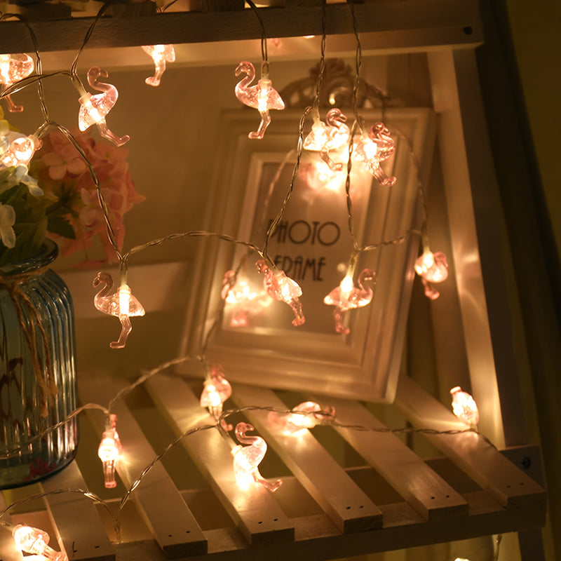 Luces de cadena LED en forma de flamenco, disponibles en 1.5m/3m, con 10/20 LEDs, funcionan con pilas, material de PVC, ideales para uso en interiores y exteriores, perfectas para el verano, fiestas, cumpleaños, bodas y Navidad - Pilas no incluidas, sin