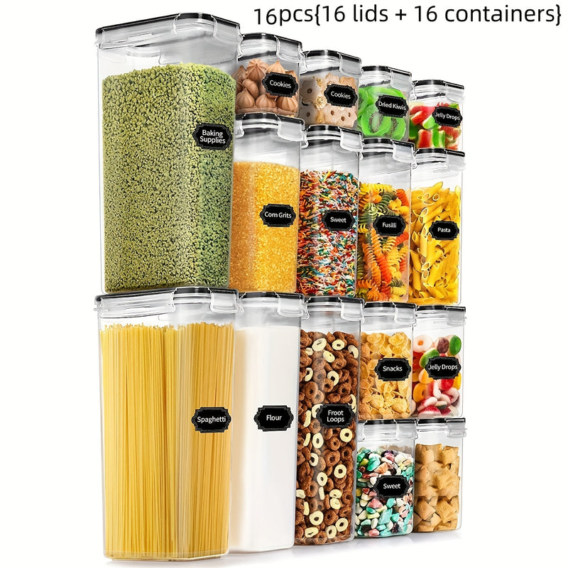 8/16/24 Piezas de Contenedores Herméticos para Alimentos con Tapas, Frascos de Plástico Libre de BPA para Cocina, Cereal y Harina, Incluye Etiquetas y Bolígrafo