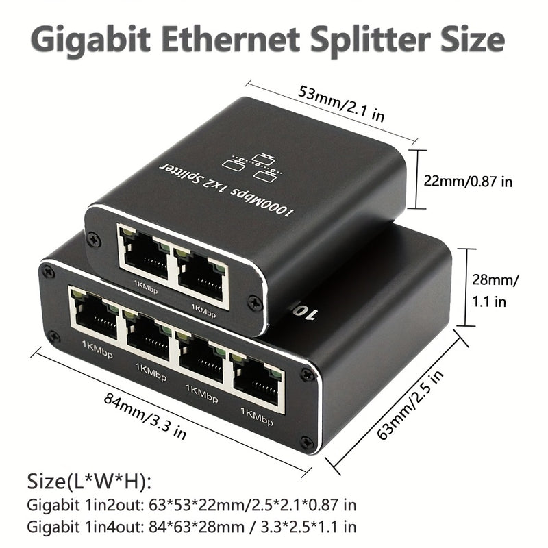 Divisor/switch de Ethernet Gigabit RJ45 de 1 puerto a 2 salidas y 1 puerto a 4 salidas - Switch de red alimentado por USB-C de 1000 Mbps con indicadores LED, Auto-MDIX, compatible con cables categoría 5e/6/7/8 para hogar, escuela, oficina, compartir inte