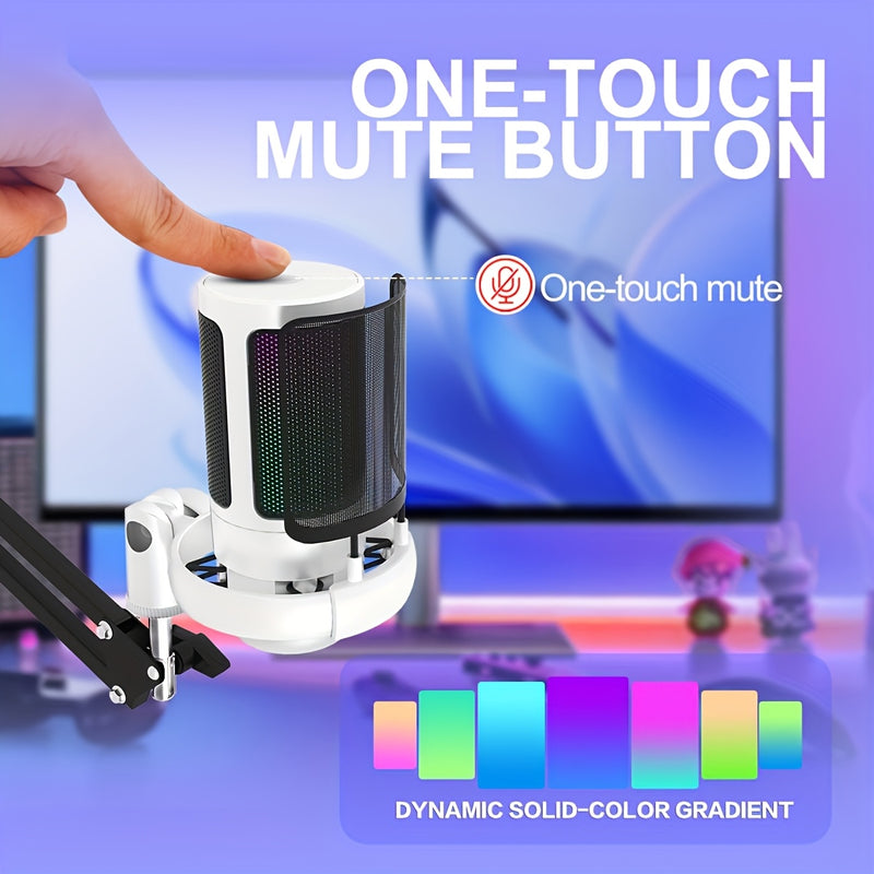 Micrófono condensador USB para gaming con brazo ajustable, compatible con PC/computadora/PS4&PS5/tableta, plug and play, silencio con toque, luz RGB degradé, control de volumen y ganancia, monitoreo en tiempo real, cancelación de ruido, ideal para stream