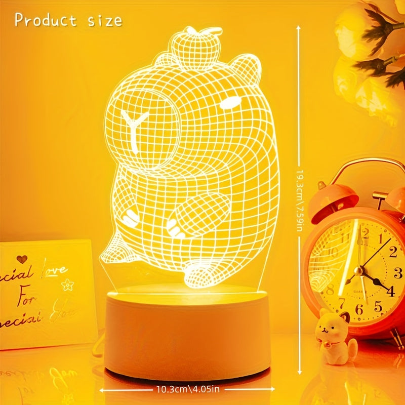 Luz nocturna 3D de capibara encantadora, linda lámpara decorativa para habitaciones, luz nocturna de protección ocular, regalo ideal, luz cálida monocromática - alimentada por USB, no requiere pilas.