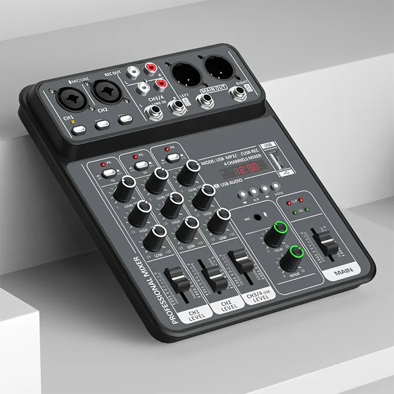 Consola de Mezcla BOMGE Profesional 4 Canales con Interfaz USB, Compatible con MP3 y Entrada de Computadora, Ideal para Estudio, Streaming en Vivo, Grabación y Podcasting