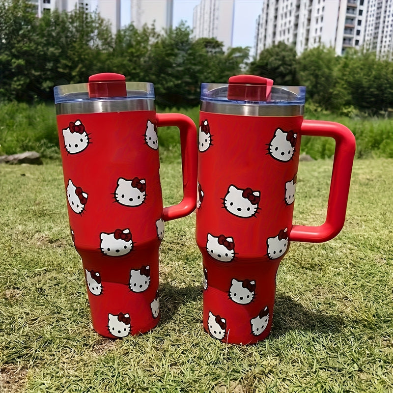 Sanrio 1pc, Térmico de Acero Inoxidable KT Cat Gran Capacidad - 40oz con Tapa y Pajita, Ideal para Bebidas de Verano e Invierno, Regalo Perfecto o Accesorio de Viaje