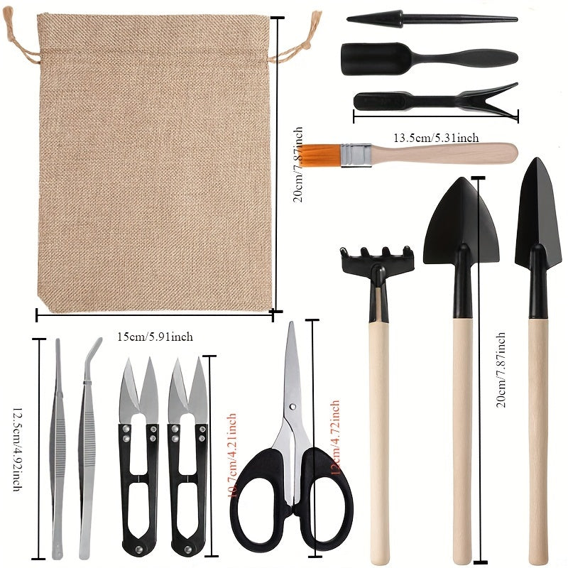 13PCS Mini Juego de Herramientas de Mano para Jardín - Kit de Pala de Trasplante de Metal y Madera con Bolsa de Tela para Plantar Bonsáis al Aire Libre - Uso Manual sin Electricidad