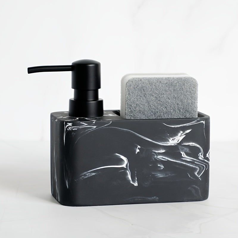 Dispensador de jabón con diseño de mármol en blanco y negro y portaesponja, ideal para decorar el baño