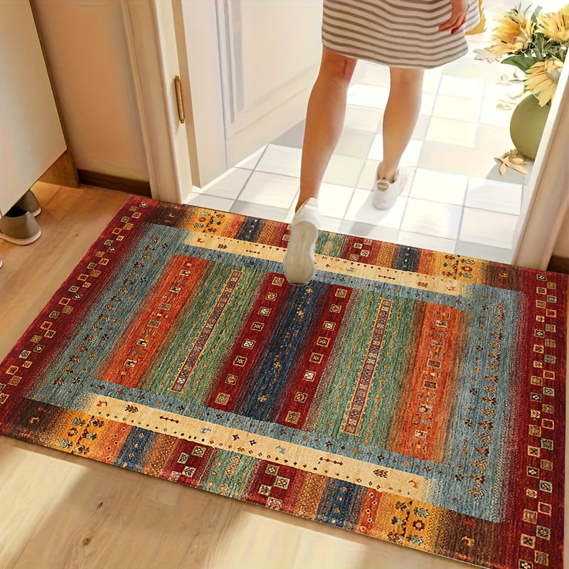 1 pieza de felpudo estilo bohemio con diseño étnico, antideslizante y rectangular, suave y lavable en máquina, fibra de poliéster, adecuado para sala de estar, dormitorio y entrada