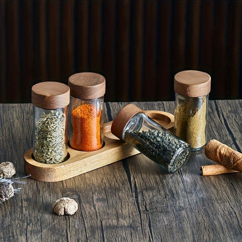 Juego de 4 frascos de vidrio de 90 ml (3 oz) con tapa de madera de acacia y bandeja organizadora para especias de cocina