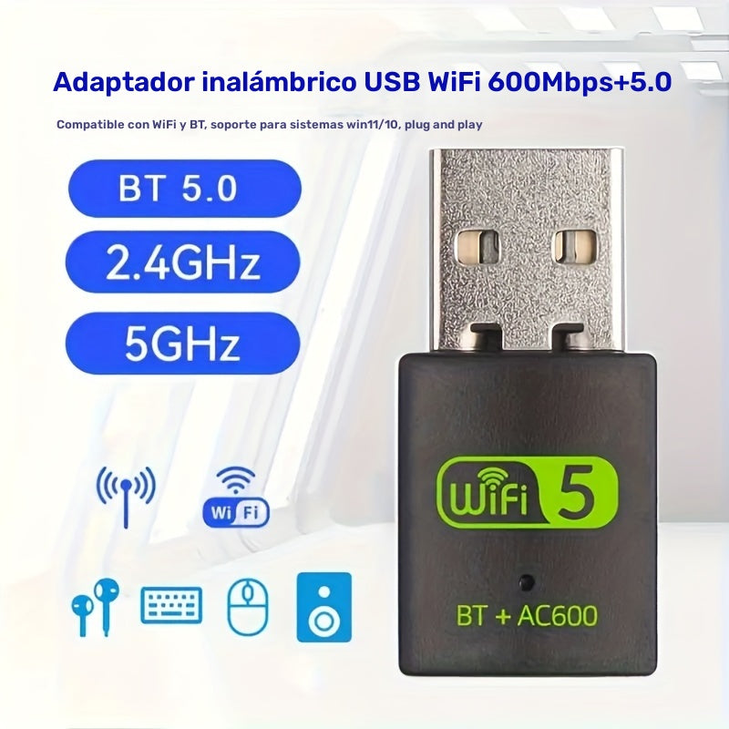 Adaptador WiFi inalámbrico USB de doble banda 600Mbps, receptor externo de red inalámbrica 2.4/5Ghz, mini dongle WiFi para PC/laptop/escritorio