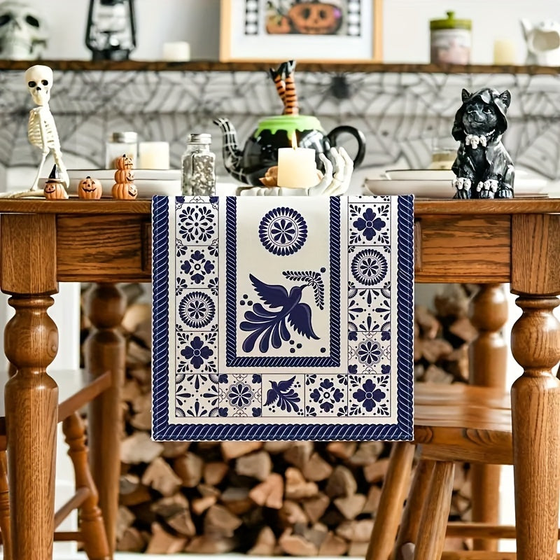 1 pieza, Camino de Mesa Muertos Mexicano, Protectores Térmicos para Mesas, Decoración de Cocina y Comedor con Diseño Azul Patchwork para Hogar o Fiestas, 13 x 36, 13 x 48, 13 x 72, 13 x 90, 13 x 108