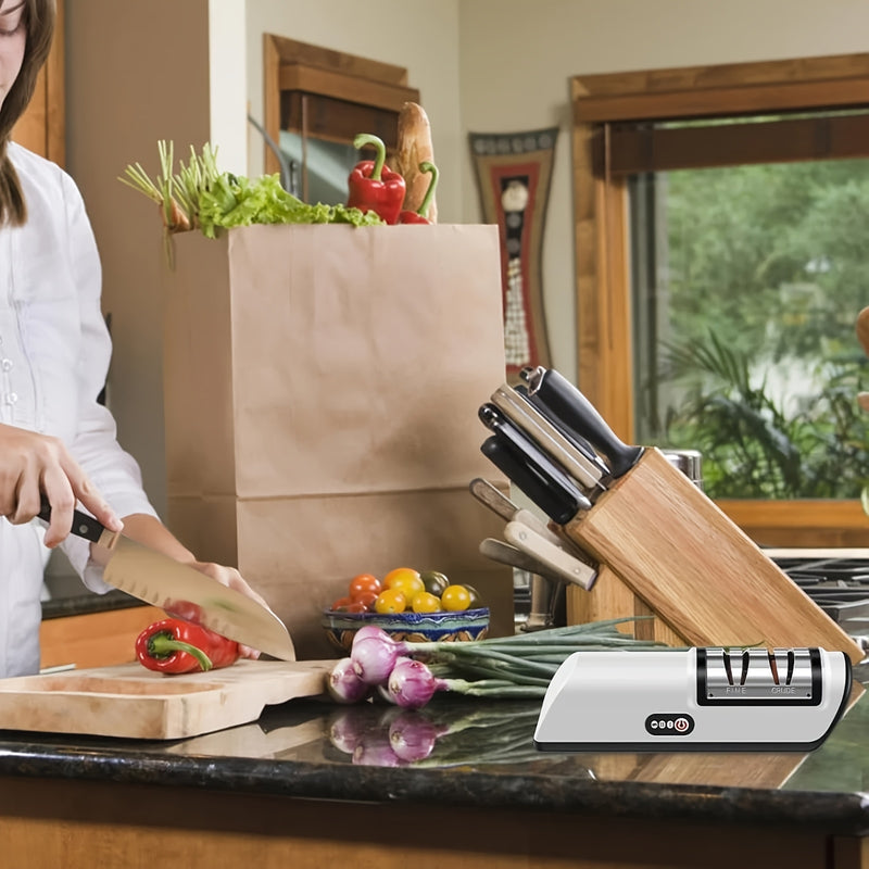 Afila Cuchillos Eléctrico Profesional de 2 Etapas - Función Rápida de Afilado y Pulido, Herramienta Fácil de Usar para Diversos Cuchillos de Cocina