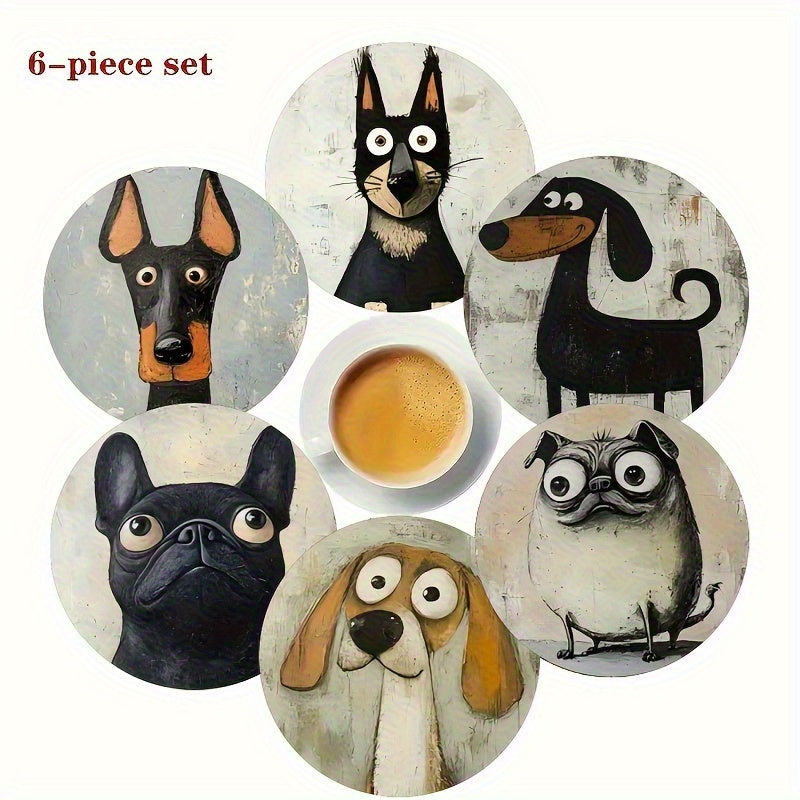 6 piezas de cojines de madera coloridos para bebidas - Diseños juguetones de perros (Basset Hound, Pastor Alemán, Pug, Labrador Negro, Corgi), ideales para café, té, decoración del hogar y restaurantes, regalo perfecto de Navidad, decoración de perros.