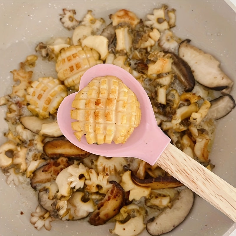 1pc Espátula de silicona en forma de corazón con mangos de madera - Resistente al calor, ideal para cocinar, hornear, mezclar - Perfecto utensilio de cocina para repostería y remover