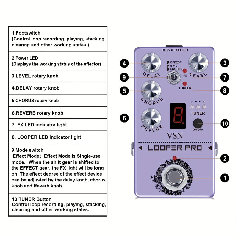 Pedal multiefectos VSn para guitarra con afinador de delay, chorus, reverb y bypass verdadero - Ideal para efectos digitales, bajo y guitarra eléctrica