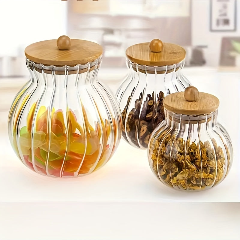 1 frasco de vidrio rayado con tapa de bambú - Contenedor multiusos reutilizable para pan, galletas, dulces, té y condimentos