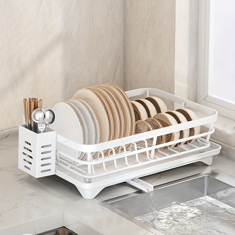 Escurridor de Platos de Una Capa para Encimera, con Tubo de Drenaje Giratorio 360° y Almacenamiento de Utensilios, Ideal para Organización en Cocinas de Solteros o Parejas