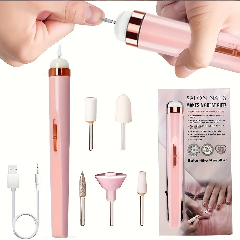 Plumero Eléctrico de Uñas 5-en-1 - Recargable por USB, Bajo Ruido, Kit Profesional de Manicura y Pedicura para Manos, Pies y Uñas