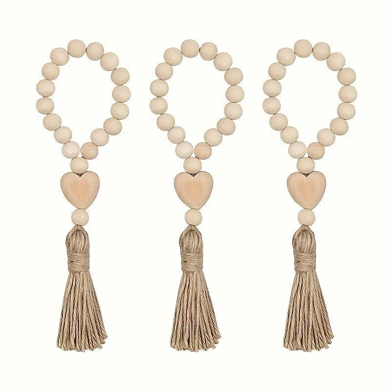 1 pieza de guirnalda de cuentas de madera con borla en forma de corazón - Decoración romántica para el hogar en el Día de San Valentín, estilo moderno, cuentas de madera natural, no requiere batería, ideal para sala de estar o dormitorio.