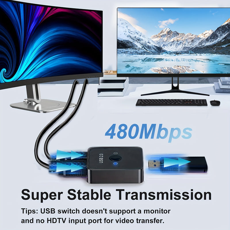 Conmutador USB 2.0 2 en 1 para Impresora, Selector LED de Compartición USB, Conmutador para 2 Computadoras con Teclado, Ratón y Escáner Incluye 2 Cables USB de 1 Metro, Compatible con Mac Windows Linux
