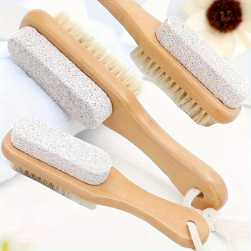 Un juego de 2 en 1 de lima de pies y cepillo con mango de madera - colgando de cuerda | Herramienta suave para masaje y eliminación de luz muerta beige, adecuada para el cuidado de los pies y el cuidado de spa, con gancho de cuerda