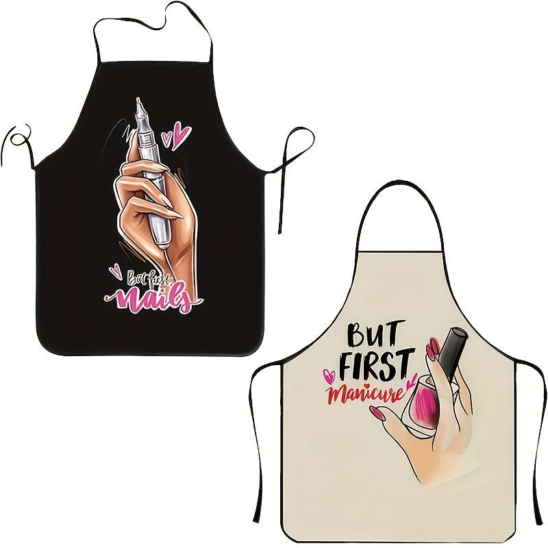 Delantal de diseño de arte de uñas negro vibrante - Correa de cuello ajustable, 100% poliéster de alta resistencia, perfecto para cocinar, jardinería y uso de cocina, elegante y funcional.