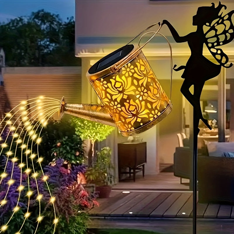 1 regadera solar con luces LED de hadas, decoración metálica para exteriores, ideal para jardín, césped o fiestas, regalo perfecto para mamá, vecinos y amigos