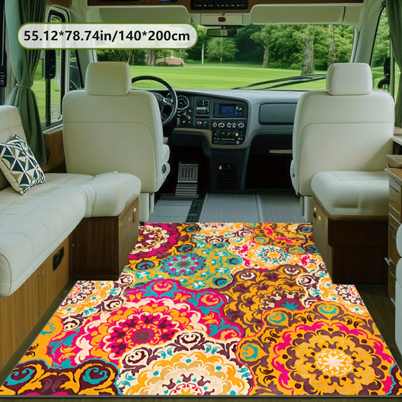 Estampado digital 2D plano con patrón floral, alfombra decorativa de estilo étnico, alfombra interior de RV, alfombra de tienda, alfombra de patio, alfombra de bienvenida, alfombra de camping, adecuada para camping al aire libre, senderismo, viajes en ca