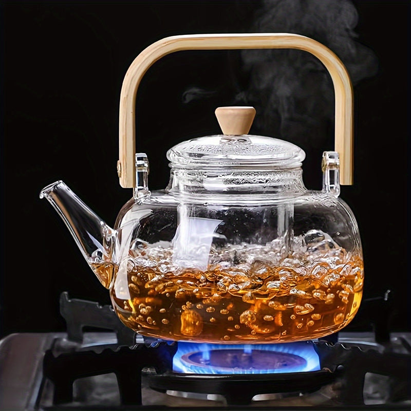 1pc Tetera de Vidrio Borosilicato Transparente de 1000ml con Infusor Extraíble - Apta para Cocina, Ideal para Té de Hojas y Té en Flor, Perfecta para Uso Doméstico o de Cocina, Diseño Transparente con Mango de Madera, Ideal para Regalos de Vacaciones, In