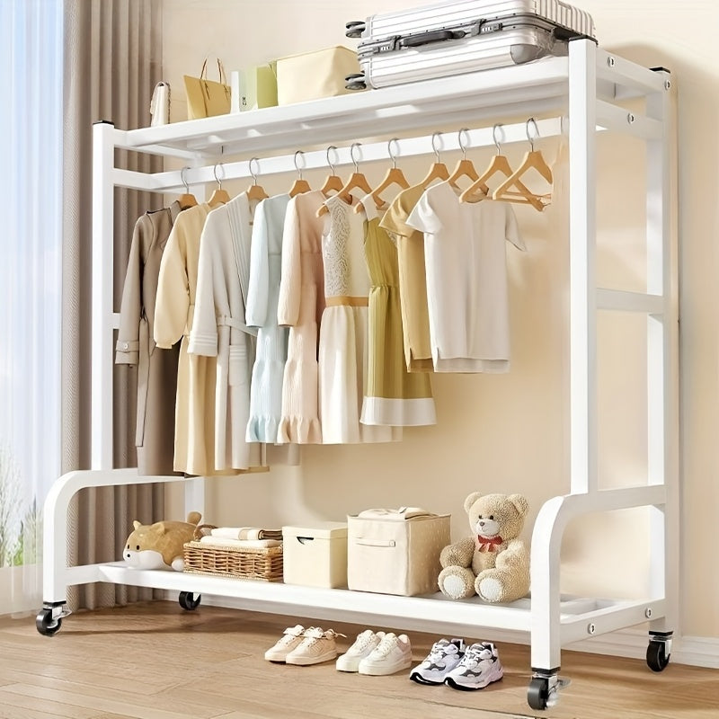 Perchero de Metal de Doble Barra con Cesta de Almacenamiento, Estantes y Ganchos - Organizador Portátil de Ropa, Fácil Montaje, Altura Ajustable, Diseño Ahorrador de Espacio para Dormitorio, Armario, Sala, Secado de Ropa