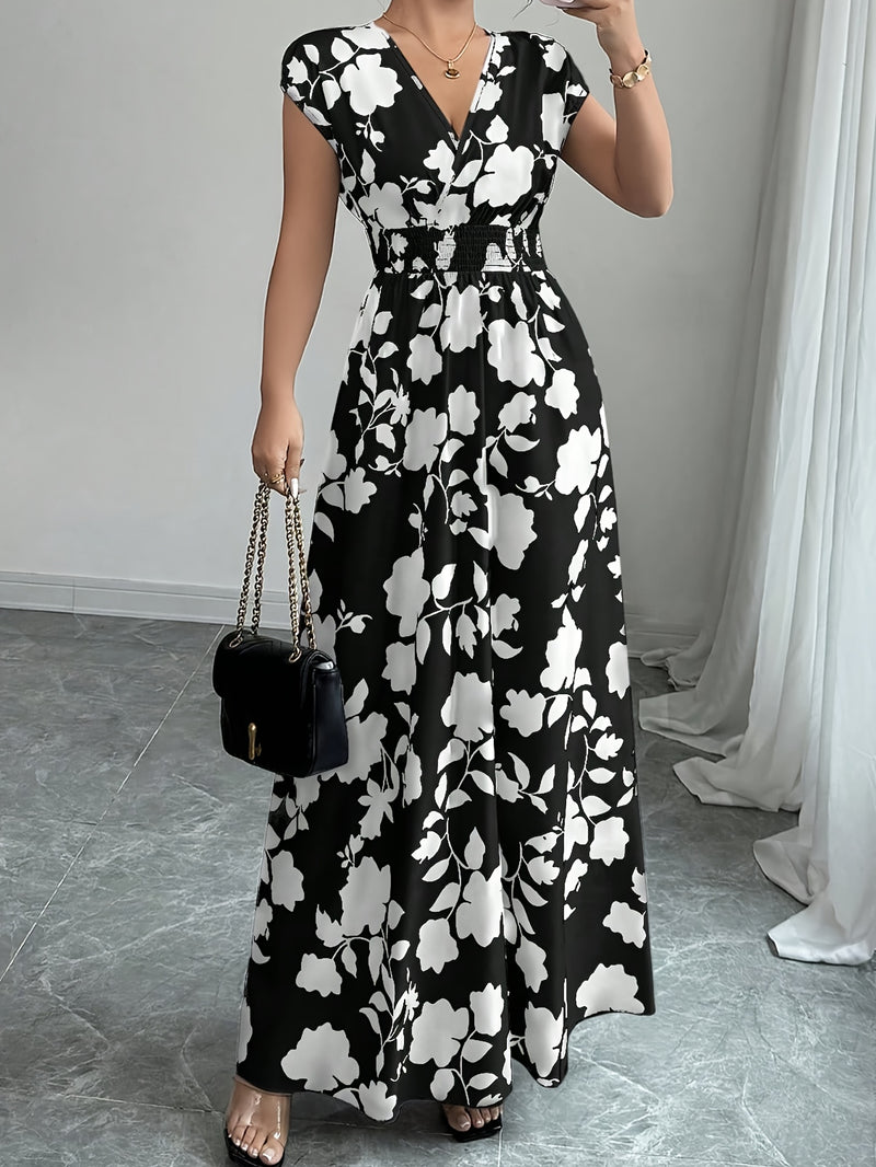 Elegante vestido largo de flores rosas con cuello en V y mangas cortas - Silueta de línea A que fluye, cintura ceñida, perfecto para primavera/otoño, ropa casual a formal, ropa elegante casual | Vestido con estampado floral | Diseño de cintura ceñida