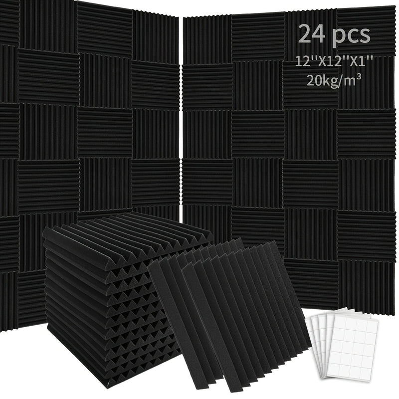 Conjunto de 24 Paneles Aislantes de Sonido Acústico de Alta Densidad, 30.48cm x 30.48cm x 2.54cm Azulejos de Espuma Ignífuga para Estudio, Dormitorio, Sala de Conferencias, Cine en Casa y Sala de Juegos - Mejora la Absorción del Sonido y Seguridad contra