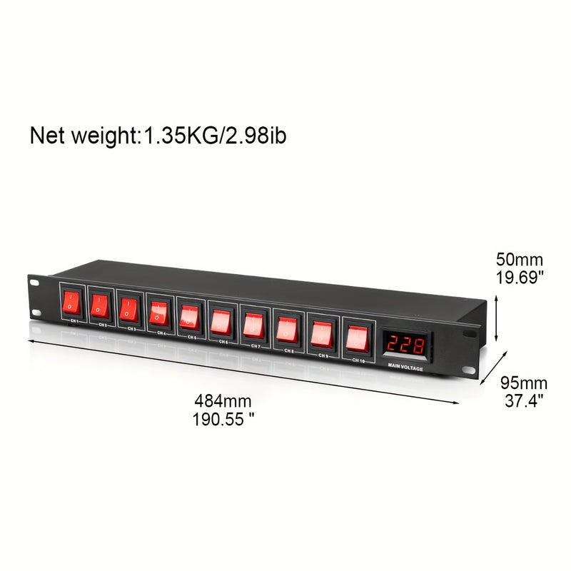 Secuenciador de potencia profesional para audio 1U DEPUSHENG - Controlador digital de alimentación para rack con 10 salidas, pantalla de voltaje, protector contra sobretensiones, 1500W máx., 110V-130V, enchufe estadounidense, material de aleación