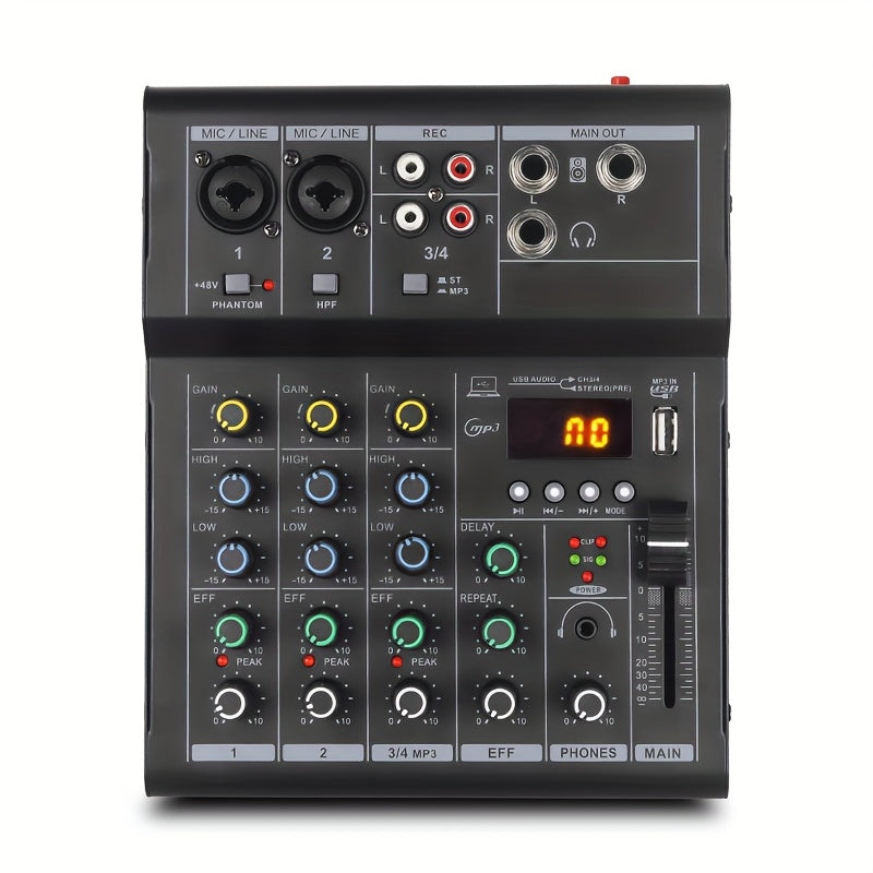 Mezclador de Audio Profesional LX01 | Multicanal con Alimentación USB | Consola Negra en Aleación con Pantalla Digital y Controles Individuales para Canales | Ideal para Transmisiones, Karaoke y Estudios Caseros | Diseño Compacto con Reproductor de MP3 |
