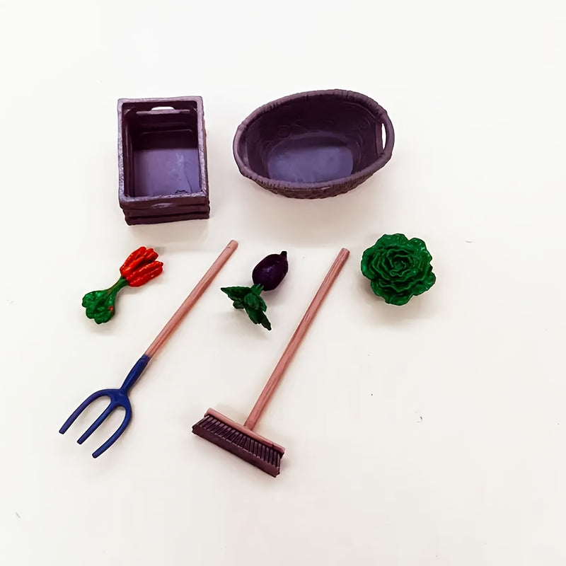 Juego de Jardín Mini Granja de 7 Piezas con Pala de Plástico, Rastrillo y Cortacésped - Incluye Modelos de Verduras para Decoración de Plantación Exterior