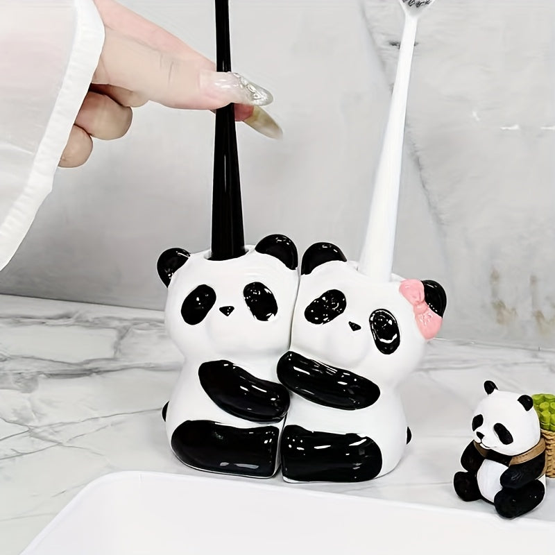 Soporte para Cepillos de Dientes de Cerámica con Diseño de Pandas Lindos, Almacenamiento Ultrasmooth Horneado a Alta Temperatura Sin Taladro para Parejas, Regalo Perfecto Adecuado para la Decoración del Baño