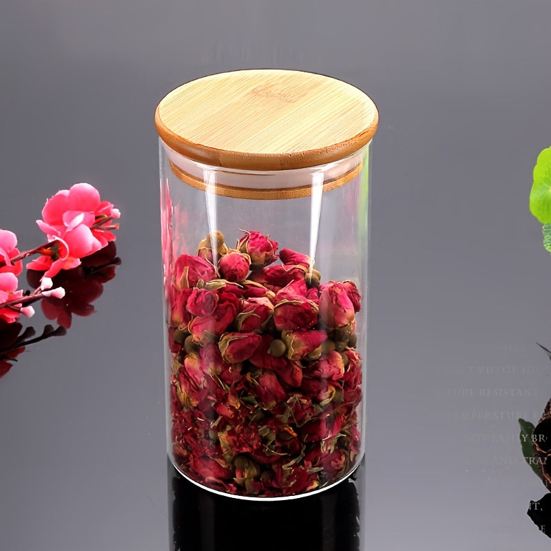 Juego de 12 Piezas, Tarro Redondo Transparente de Vidrio Borosilicato con Tapa de Bambú y Cierre Hermético para Almacenar Snacks o Té