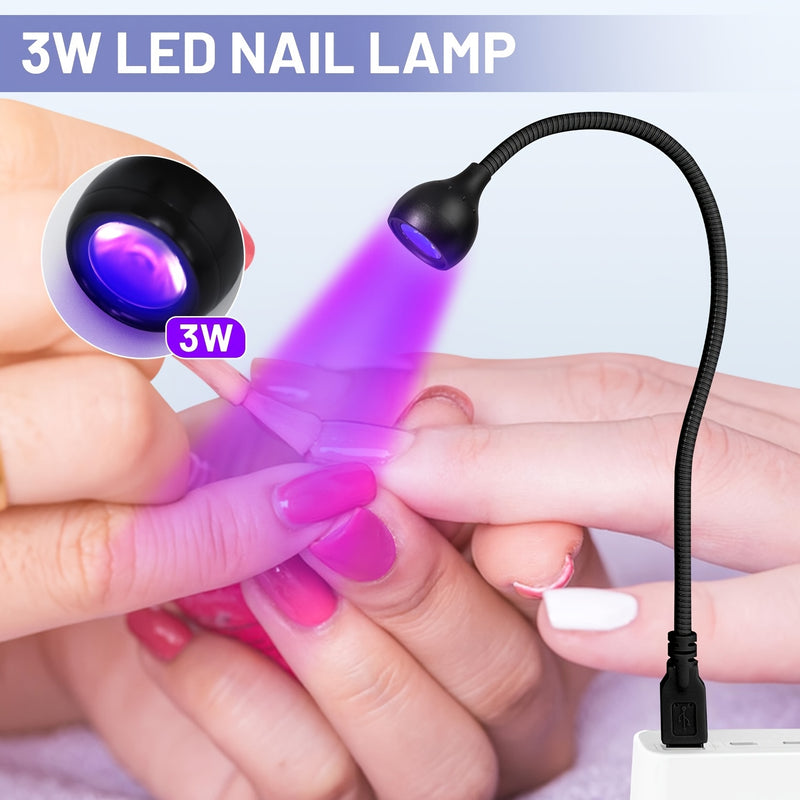 Elmlogiroa Lámpara LED de 3W para Uñas - Luz Curadora de Esmalte en Gel Portátil con Cuello Flexible Ajustable a 360°, Secador de Manicura Sin Olor para Salón y Hogar DIY, Diseño Compacto y Ligero para Viaje, Recargable, Posicionamiento Versátil, Cable R