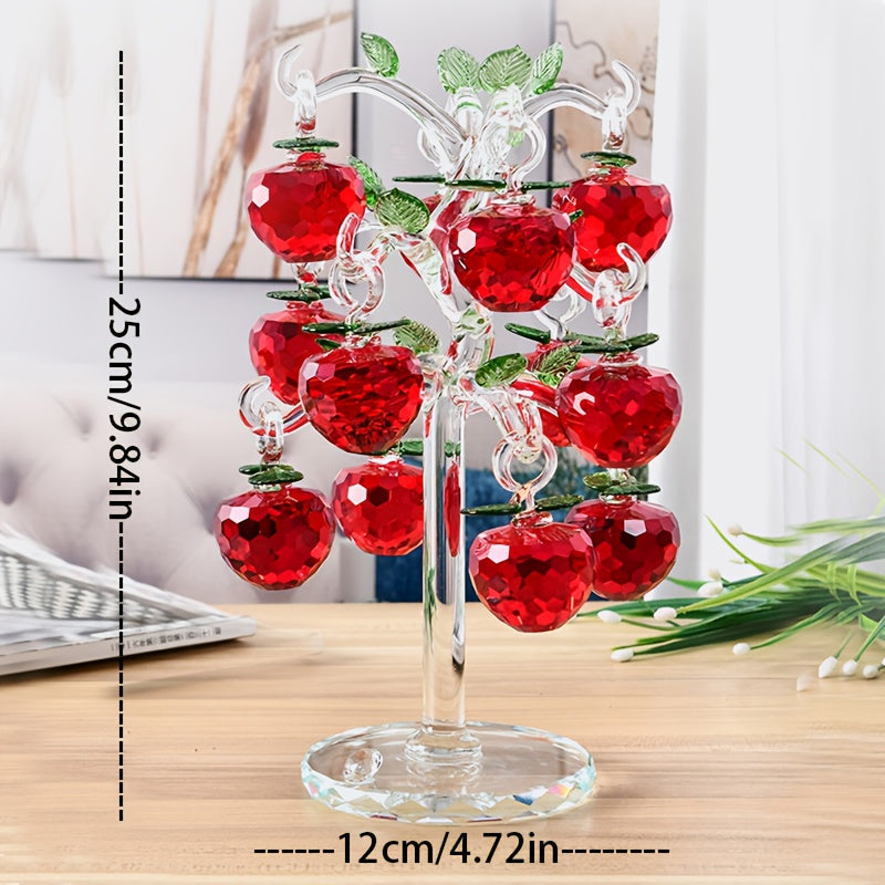 Elegante decoración de árbol de manzana de cristal - Adorno de vidrio rojo y transparente con hojas doradas, perfecto para oficina, sala de estar o mostrador de entrada, decoración de manzana.