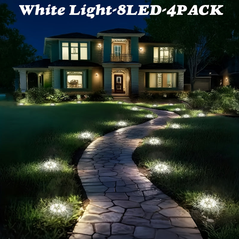 8 luces solares mini enterradas, lámpara solar de acero inoxidable para exteriores, iluminación de paisaje impermeable para patios, jardines, carreteras, aceras y césped, luz blanca + luz cálida, clasificación IP65, material de cobre, carga de panel sola