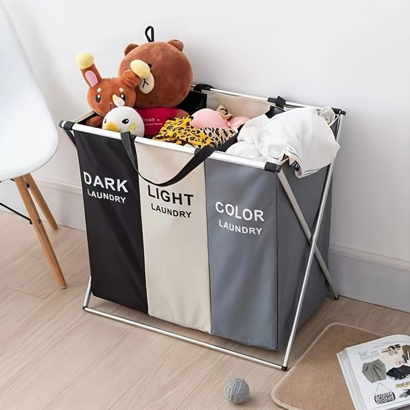 Cesto para ropa sucia de 3 compartimentos, gran capacidad de 9.07 kg por sección, tela Oxford 600D resistente y marco de aluminio, diseño moderno plegable para dormitorio, hogar, cocina, almacenamiento de juguetes y toallas, construcción robusta, cestos