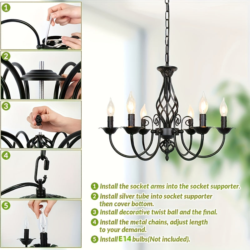 Lámpara colgante estilo granja con diseño industrial rústico, acabado negro mate, candelabro de metal de 5 brazos para dormitorio, pasillo, cocina, comedor, bar o entrada, base para focos E14 (focos no incluidos), luz para comedor | Estética industrial |