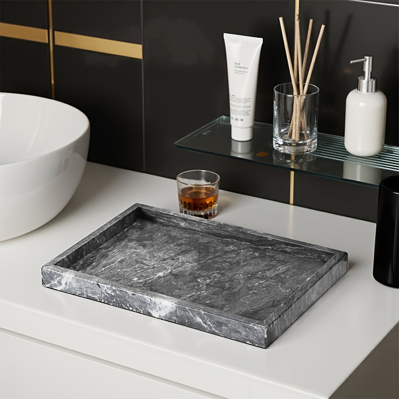 Bandolera rectangular elegante con vena negra y gris, 11,81" x 7,87", material de piedra natural, ideal para decoración de sala de estar, almacenamiento de baño y configuración de mesa de comedor, elegante bandeja para sala de estar.