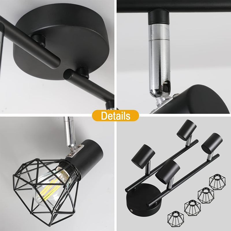 1pc HIMGOR Industrial Luz de techo de montaje semibrillo de 4 luces, jaula de metal negro con base E14, diseño desmontable para dormitorio, sala de estar y comedor - No incluye bombillas, incluye accesorios de instalación, lámpara de techo para sala de e
