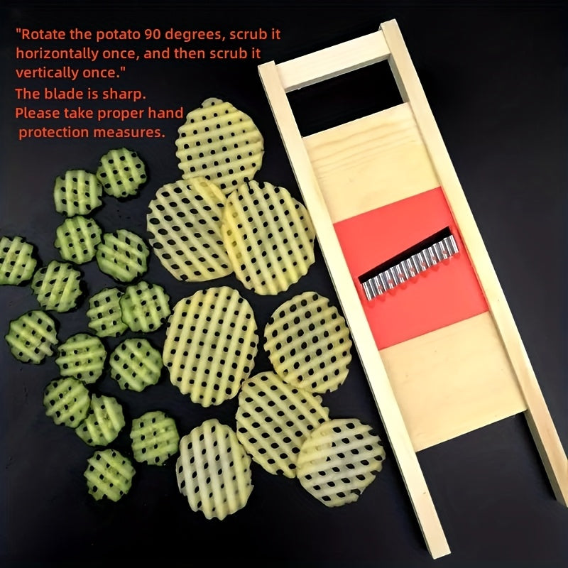 1pc Cortador Manual de Patatas de Madera - Cuchilla Ondulada Reciclada para Papas Fritas y Verduras, Utensilio de Cocina con Mango Ergonómico, Sin Necesidad de Electricidad, Rebanadora y Picadora de Vegetales, Diseño en Madera Natural, Agarre Cómodo