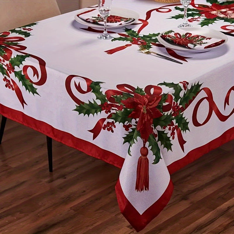 1pc Mantel Rectangular Navideño con Diseño de Poinsettia y Acebo - Cubremesa Rojo Blanco Verde para Mesas de 8/6/4 Plazas, Decoración Festiva para Fiestas de Año Nuevo, Tela Fácil de Limpiar a Máquina, Mantel Duradero con Detalles de Borlas, Decoración H