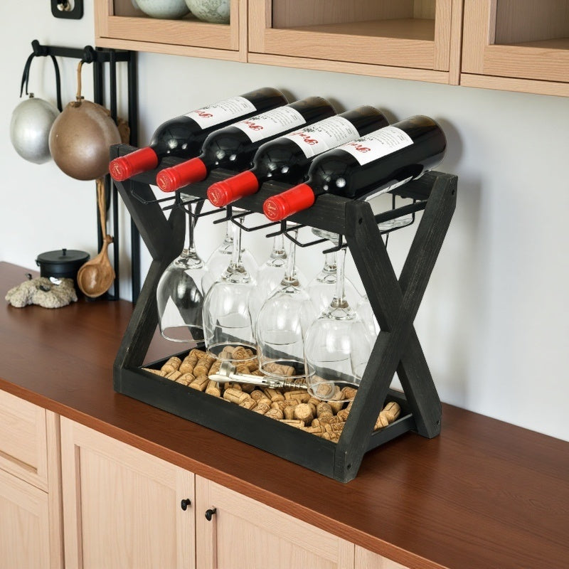 Soporte de vino de hierro con grano de madera negra y soporte de vidrio - Elegante exhibidor de botellas de vino y copas para almacenamiento de vino tinto, organizador de encimera, regalo para amantes del vino, decoración de vino