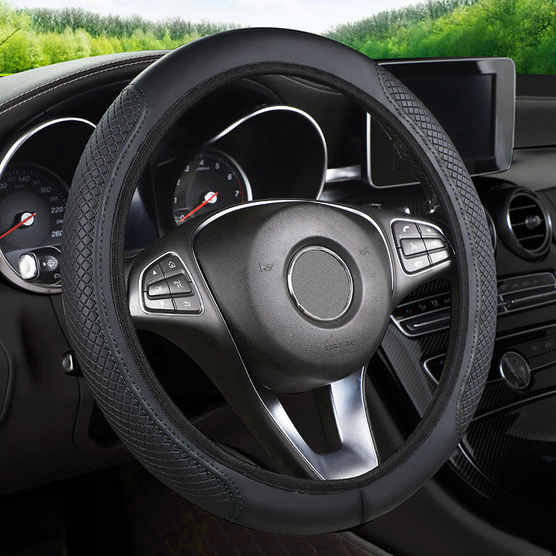 Funda para volante en cuero sintético transpirable - Protector duradero y resistente a rayones con detalles en rojo, para autos pequeños, uso en todas las estaciones, accesorios para interior de auto, accesorio elegante para auto, piezas de calidad para