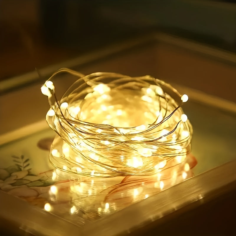 1pc Luces de cuerda LED para fiestas de cumpleaños, cable de cobre de hadas, ajuste de 3 niveles de brillo, operado por batería de botón no recargable incluida, control de interruptor, luz amarilla, sin control remoto