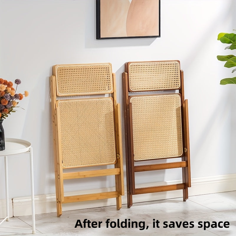 Silla plegable moderna de bambú de 1 pieza con asiento de mimbre - Color marrón claro, diseño de espalda abierta, estructura de bambú duradera, capacidad de peso de 150 kg, no necesita ensamblaje - Ideal para uso en casa o en la oficina, silla de oficina
