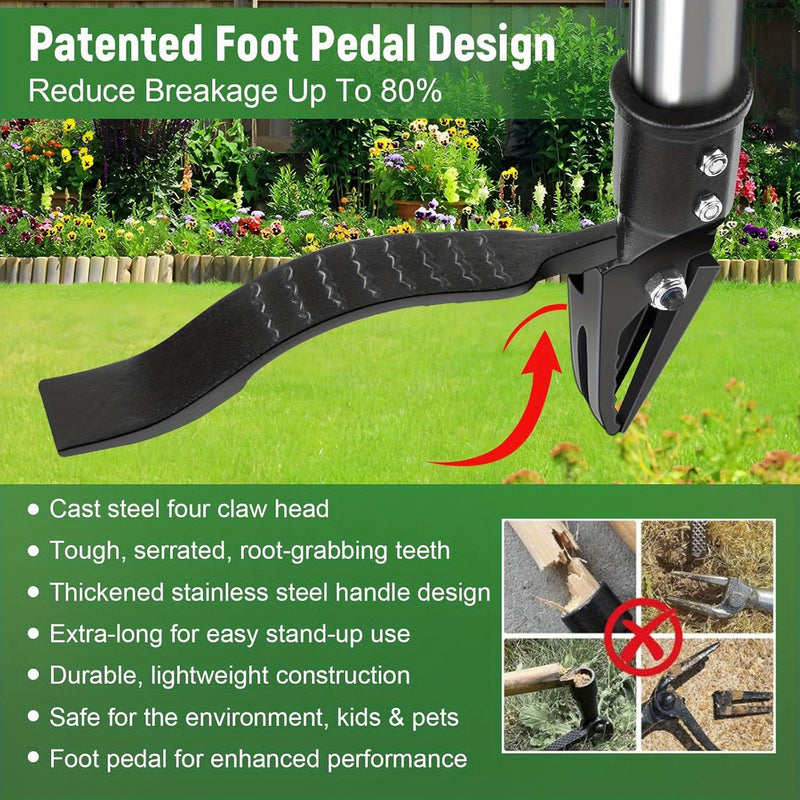 Desmalezadora de 4 Garras para Uso Pesado con Mango Ajustable de Acero Inoxidable de 46 Pulgadas y Palanca de Pedal - Deshierbe Ergonómico para Aliviar el Dolor de Espalda, Sin Agacharse/Aguantarrodar, Malezas Profundamente Enraizadas en Suelo Compacto,