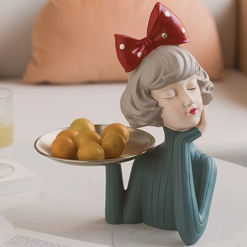 Figura Artística de Chica Abstracta con Bandeja de Almacenamiento - Decoración para el Hogar en Resina Pintada a Mano, No Necesita Baterías, Ideal para Navidad, Perfecta para Acción de Gracias, Sin Contacto con Alimentos